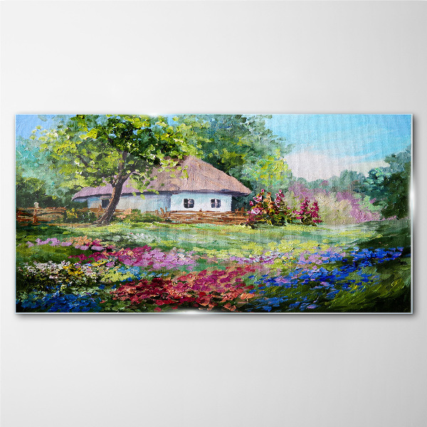 Rural landscape with flowers Glass Wall Art