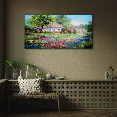 Rural landscape with flowers Glass Wall Art