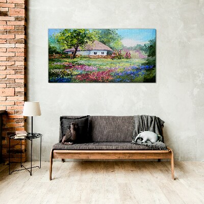Rural landscape with flowers Glass Wall Art