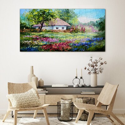 Rural landscape with flowers Glass Wall Art