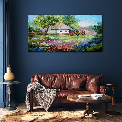 Rural landscape with flowers Glass Wall Art
