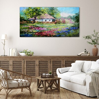 Rural landscape with flowers Glass Wall Art