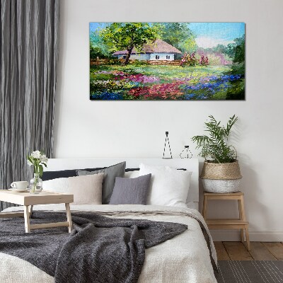Rural landscape with flowers Glass Wall Art