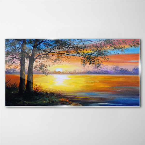 Sunset over the lake Glass Wall Art