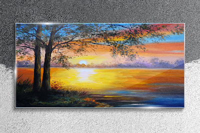 Sunset over the lake Glass Wall Art