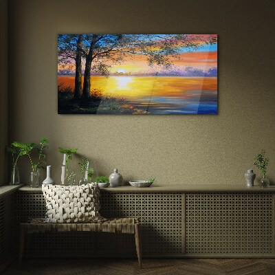 Sunset over the lake Glass Wall Art