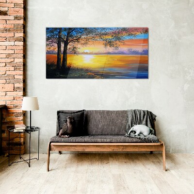 Sunset over the lake Glass Wall Art
