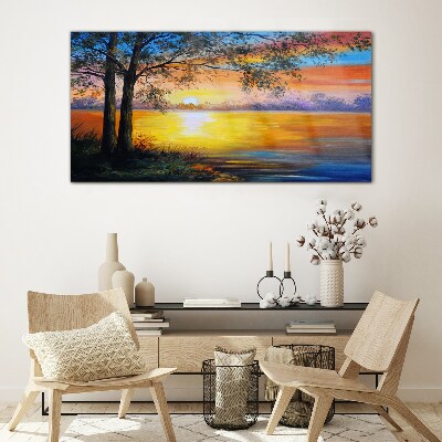 Sunset over the lake Glass Wall Art