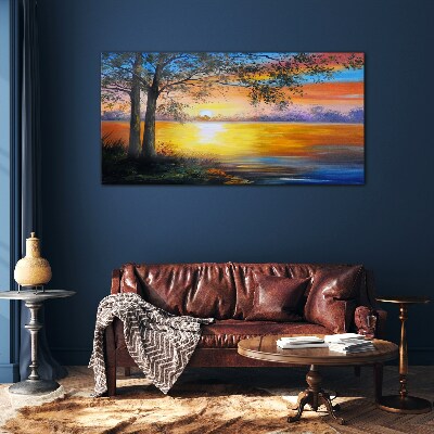 Sunset over the lake Glass Wall Art