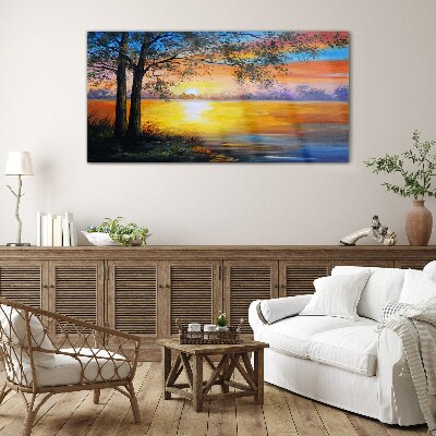 Sunset over the lake Glass Wall Art