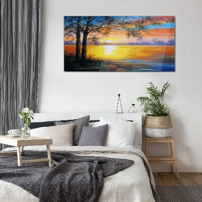 Sunset over the lake Glass Wall Art