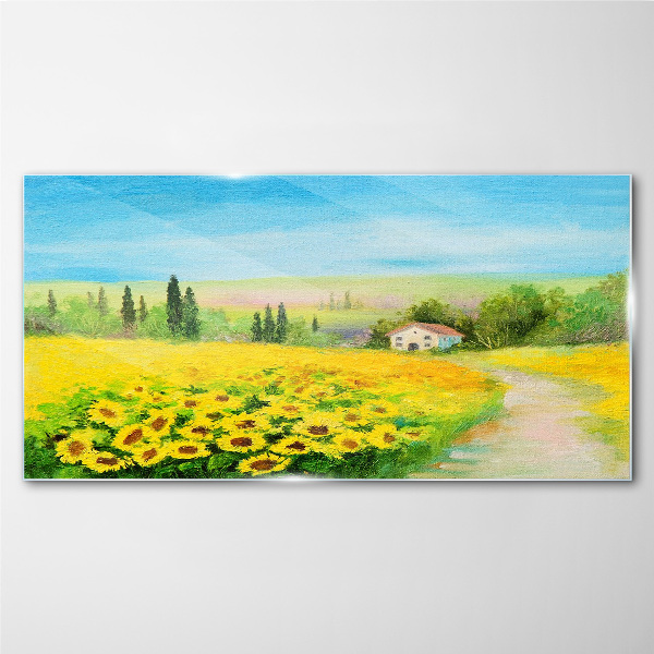 Sunflowers against a blue sky Glass Wall Art