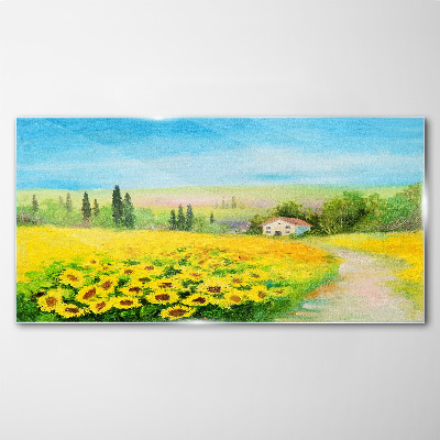 Sunflowers against a blue sky Glass Wall Art