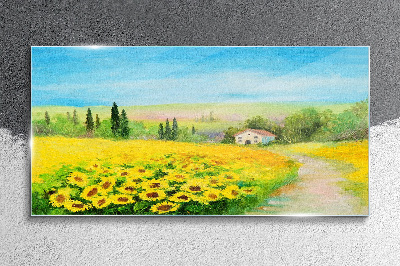 Sunflowers against a blue sky Glass Wall Art