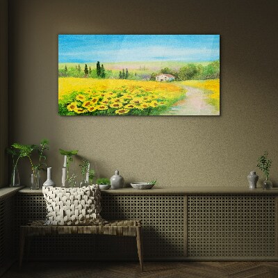 Sunflowers against a blue sky Glass Wall Art