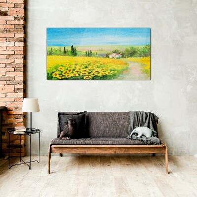 Sunflowers against a blue sky Glass Wall Art