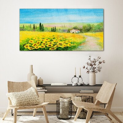 Sunflowers against a blue sky Glass Wall Art