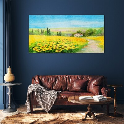 Sunflowers against a blue sky Glass Wall Art
