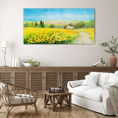 Sunflowers against a blue sky Glass Wall Art