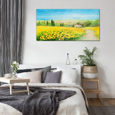 Sunflowers against a blue sky Glass Wall Art