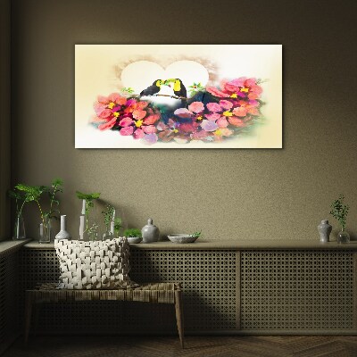 Abstract flowers birds heart Glass Wall Art