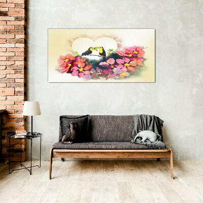 Abstract flowers birds heart Glass Wall Art