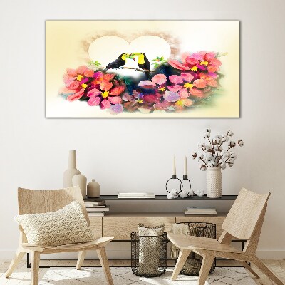 Abstract flowers birds heart Glass Wall Art