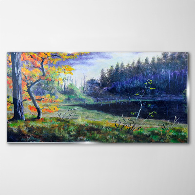 Autumn scenery by the lake Glass Wall Art