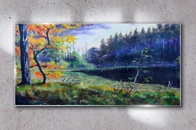 Autumn scenery by the lake Glass Wall Art