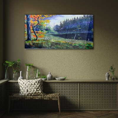 Autumn scenery by the lake Glass Wall Art
