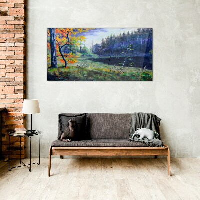 Autumn scenery by the lake Glass Wall Art
