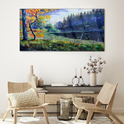 Autumn scenery by the lake Glass Wall Art