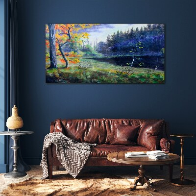 Autumn scenery by the lake Glass Wall Art