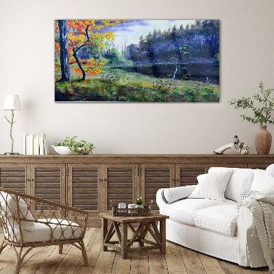 Autumn scenery by the lake Glass Wall Art
