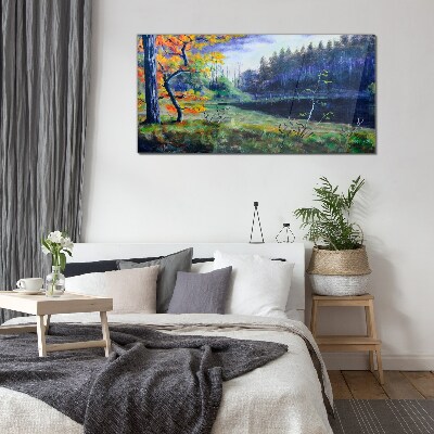 Autumn scenery by the lake Glass Wall Art