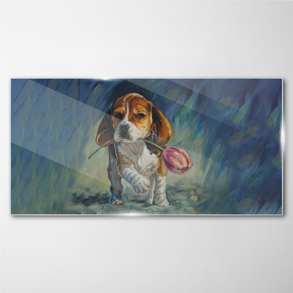 A dog with a rose against the sky Glass Wall Art