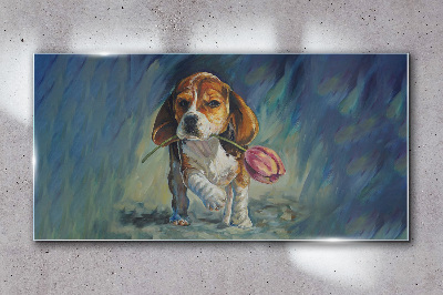 A dog with a rose against the sky Glass Wall Art