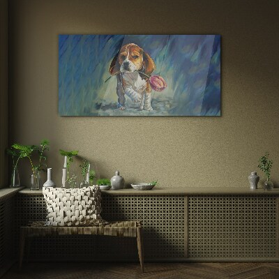 A dog with a rose against the sky Glass Wall Art
