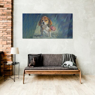 A dog with a rose against the sky Glass Wall Art