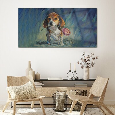 A dog with a rose against the sky Glass Wall Art