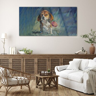 A dog with a rose against the sky Glass Wall Art