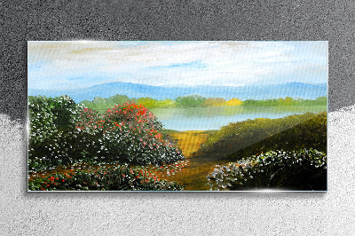 Landscape with flowering bushes Glass Wall Art