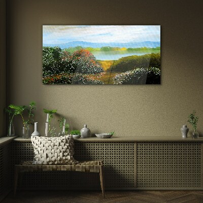 Landscape with flowering bushes Glass Wall Art