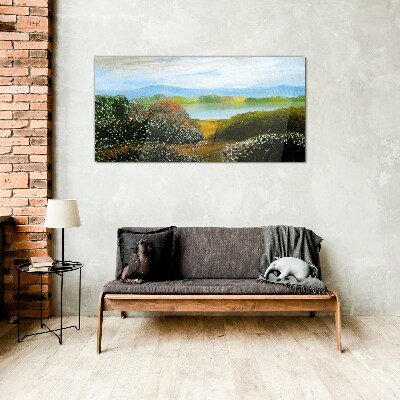 Landscape with flowering bushes Glass Wall Art