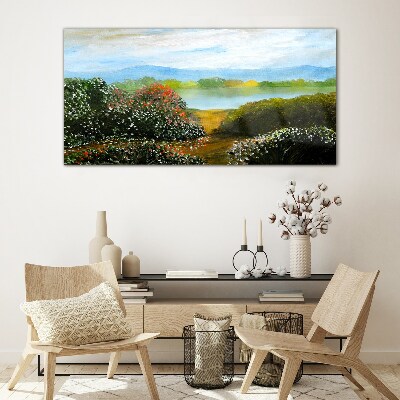 Landscape with flowering bushes Glass Wall Art