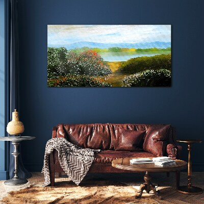 Landscape with flowering bushes Glass Wall Art