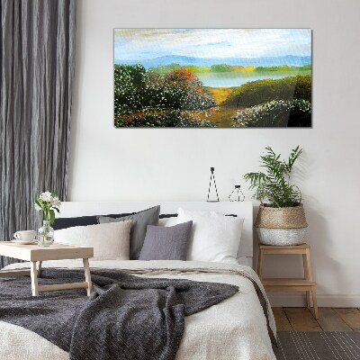 Landscape with flowering bushes Glass Wall Art