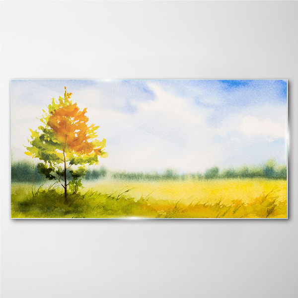 Golden autumn against the backdrop of a meadow Glass Wall Art