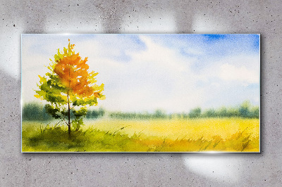 Golden autumn against the backdrop of a meadow Glass Wall Art