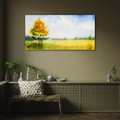 Golden autumn against the backdrop of a meadow Glass Wall Art